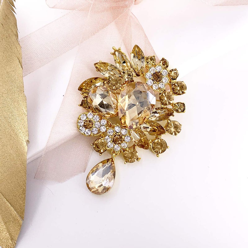 LAXPICOL Vintage Wedding Bridal Big Clear Champagne Crystal Rhinestone Tear drop Brooch Pin for Women - Image 2